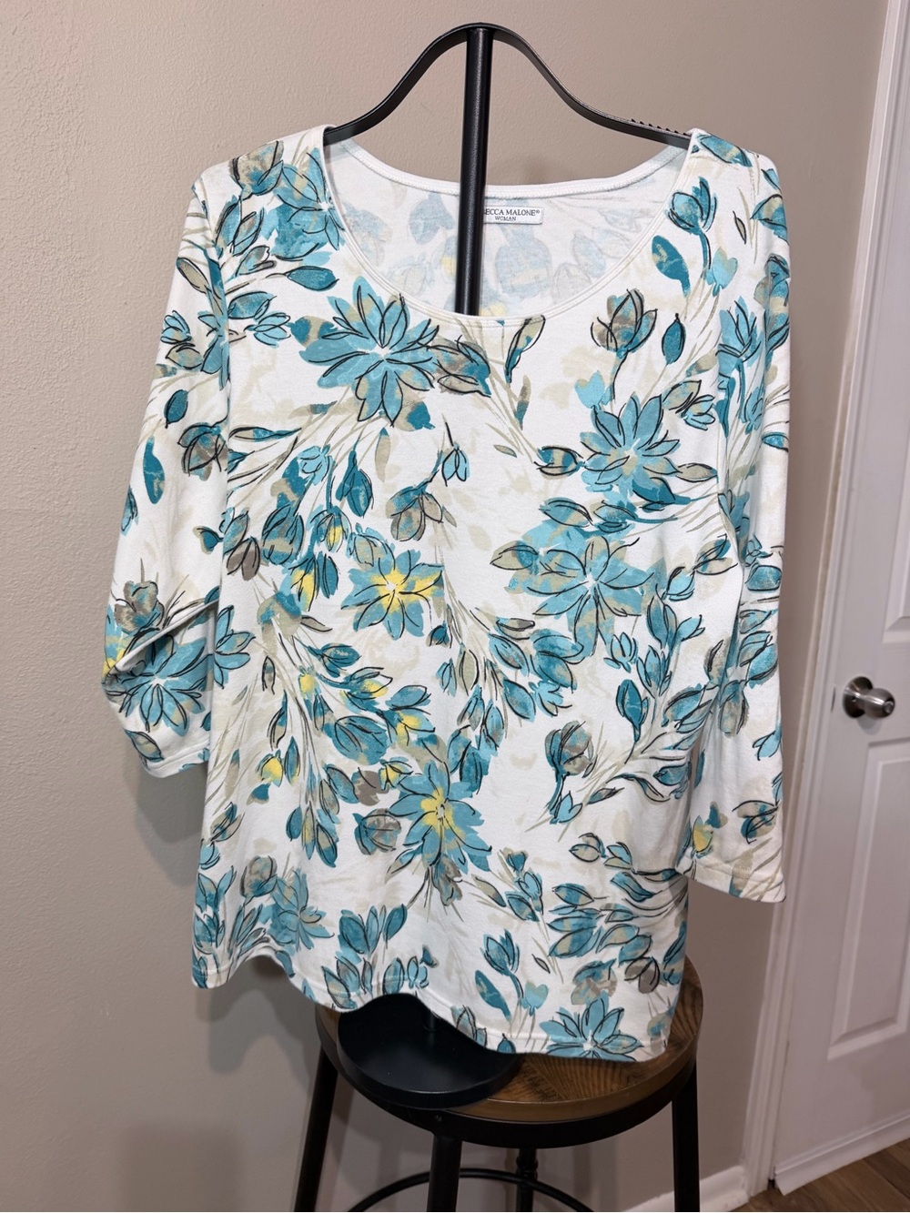 Recca Malone Floral Scoop Neck 3/4 Sleeve Pullover Top Plus 2XL White Teal
